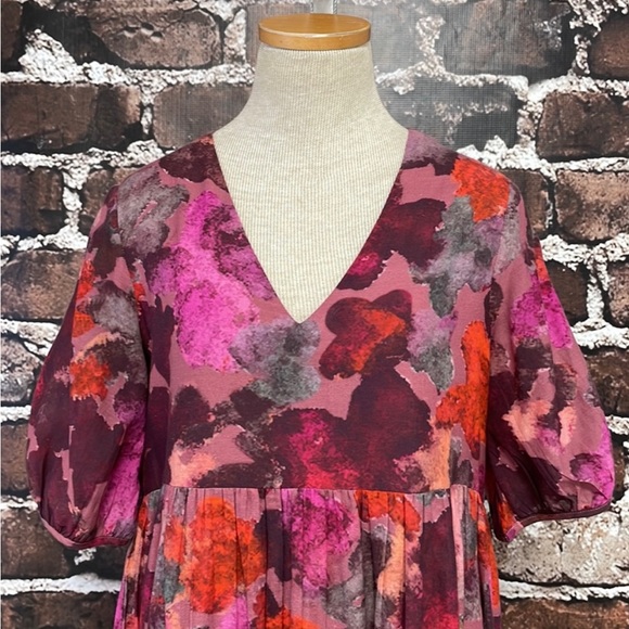 Anthropologie Samant Chauhan Dress Clemencia Midi Red Pink Floral Tiered Small - Picture 5 of 6